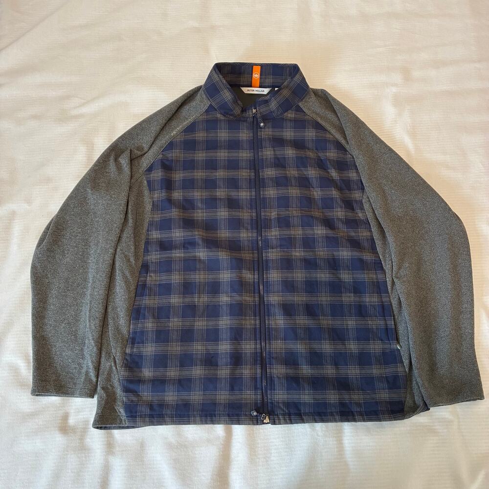 Peter Millar Navy Mergbe Elite Flannel Hybrid Jacket Mens XL Plaid Golf Active